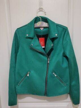 Women's Emerald Green Moto Leather Jacket with Asymmetric Zip BNWT EU40/UK12/US8